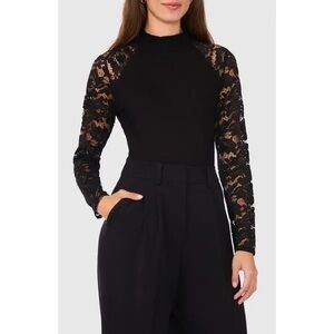 Halogen Lace Sleeve Rib Mock Neck Long Sleeve Blouse Top Black Women's size XL